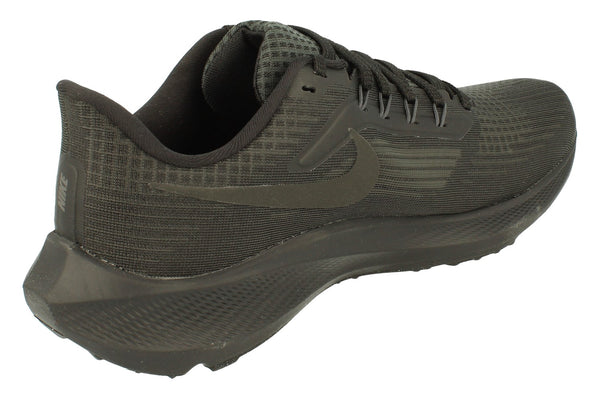 Nike Air Zoom Pegasus 39's in an anthracite black colourway. Picture taken from the front left to showcase the Nike signature swoosh running across the side.